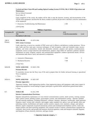 Page of3
05/24/2016
** PROTECTED BY FERPA **
KIMBLE, JAMES ROGER 6
Military Experience
Vertical and Short Take-Off and Landing Optical Landing System (VSTOL) Mk 11 MOD 0 Operations and
Maintenance:
Upon completion of the course, the student will be able to state the function, location, and documentation of the
VSTOL OLS equipment; and describe the theory needed to perform all preventive and basic corrective maintenance
of the equipment.
Service School Command
Great Lakes, IL
Electronics Troubleshooting And Maintenance 2 SH L
XM1 Armor Crewman:
Fireman Recruit:
Fireman Apprentice:
Interior Communications Electrician:
MOS-19K-001
NONE ASSIGNED
NONE ASSIGNED
NER-IC-001
19K10
NER-FR
NER-FA
IC3
Leads, supervises, or serves as a member of XM1 armor unit in offensive and defensive combat operations. Drives
tank, loads and fires main gun; exercises techniques of land navigation; reads and interprets maps; secures,
prepares, and stows ammunition; installs and dismantles antennas; prepares and operates communications
equipment; assists in target detection and identification; prepares range finder for operation; performs operator
maintenance on turret, weapons, controls, and communication equipment; conducts operational checks; services
and maintains tank chassis, turret, and automotive components.
To assimilate recruits into the Navy way of life and to prepare them for further advanced training in specialized
Navy occupations.
Apprentice training. Stand engineering watches; clean engineering spaces and equipment; make minor repairs to
engineering equipment; record readings of gages; participate in general drills; and perform general detail duties.
Operates and performs maintenance on voice interior communications systems, alarm systems, warning systems,
ship's control systems, plotting systems, gyrocompass systems, and entertainment systems. Operates standard
test and metering equipment, including multimeter, voltmeter, ammeter, ohmmeter, oscilloscope, signal generator,
frequency meter, vacuum tube voltmeter, and megger; makes standard wire splices; tests and operates alarm and
indicating systems; troubleshoots and repairs synchro systems; inspects, tests, maintains, charges, and replaces
batteries; repairs components of general announcing systems and sound-powered telephone systems; cleans and
inspects plotters and dead reckoning equipment; tests external circuits of interior communications equipment for
continuity, short circuits, and grounds and measures electrical quantities; reads and interprets schematic diagrams
and blueprints of basic electrical, electronic, and logic circuits.
Automotive Maintenance
Mechanical Systems
3 SH
3 SH
L
L
01-JUN-1988
01-NOV-1996
01-SEP-1997
01-JUL-1998
None
None
(10/97)(5/00)
(7/82)(7/82)
Level
ACE
Credit Recommendation
Dates HeldACE Identifier
Title
Description-Credit Areas
Occupation ID
Primary
 