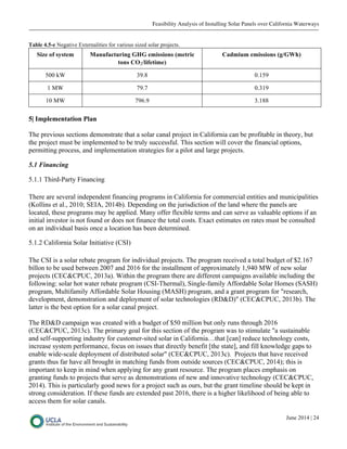 Feasibility Analysis of Installing Solar Panels over California Waterways
June 2014 | 24
Table 4.5-e Negative Externalities for various sized solar projects.
Size of system Manufacturing GHG emissions (metric
tons CO2/lifetime)
Cadmium emissions (g/GWh)
500 kW 39.8 0.159
1 MW 79.7 0.319
10 MW 796.9 3.188
5| Implementation Plan
The previous sections demonstrate that a solar canal project in California can be profitable in theory, but
the project must be implemented to be truly successful. This section will cover the financial options,
permitting process, and implementation strategies for a pilot and large projects.
5.1 Financing
5.1.1 Third-Party Financing
There are several independent financing programs in California for commercial entities and municipalities
(Kollins et al., 2010; SEIA, 2014b). Depending on the jurisdiction of the land where the panels are
located, these programs may be applied. Many offer flexible terms and can serve as valuable options if an
initial investor is not found or does not finance the total costs. Exact estimates on rates must be consulted
on an individual basis once a location has been determined.
5.1.2 California Solar Initiative (CSI)
The CSI is a solar rebate program for individual projects. The program received a total budget of $2.167
billon to be used between 2007 and 2016 for the installment of approximately 1,940 MW of new solar
projects (CEC&CPUC, 2013a). Within the program there are different campaigns available including the
following: solar hot water rebate program (CSI-Thermal), Single-family Affordable Solar Homes (SASH)
program, Multifamily Affordable Solar Housing (MASH) program, and a grant program for "research,
development, demonstration and deployment of solar technologies (RD&D)" (CEC&CPUC, 2013b). The
latter is the best option for a solar canal project.
The RD&D campaign was created with a budget of $50 million but only runs through 2016
(CEC&CPUC, 2013c). The primary goal for this section of the program was to stimulate "a sustainable
and self-supporting industry for customer-sited solar in California…that [can] reduce technology costs,
increase system performance, focus on issues that directly benefit [the state], and fill knowledge gaps to
enable wide-scale deployment of distributed solar" (CEC&CPUC, 2013c). Projects that have received
grants thus far have all brought in matching funds from outside sources (CEC&CPUC, 2014); this is
important to keep in mind when applying for any grant resource. The program places emphasis on
granting funds to projects that serve as demonstrations of new and innovative technology (CEC&CPUC,
2014). This is particularly good news for a project such as ours, but the grant timeline should be kept in
strong consideration. If these funds are extended past 2016, there is a higher likelihood of being able to
access them for solar canals.
 
