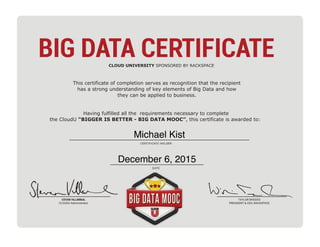 BIG DATA CERTIFICATECLOUD UNIVERSITY SPONSORED BY RACKSPACE
This certificate of completion serves as recognition that the recipient
has a strong understanding of key elements of Big Data and how
they can be applied to business.
Having fulfilled all the requirements necessary to complete
the CloudU “BIGGER IS BETTER - BIG DATA MOOC”, this certificate is awarded to:
CERTIFICATE HOLDER
DATE
TAYLOR RHODES
PRESIDENT & CEO, RACKSPACE
STEVEN VILLARREAL
CLOUDU Administrator
Michael Kist
December 6, 2015
 