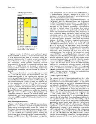 Eighteen rounds of selection were performed against
biotinylated U1A. In the ®rst 12 rounds of selection 20 cycles
of PCR were carried out, while in the last six rounds this
number was decreased to 16 cycles to prevent overampli®ca-
tion of the selected pool; these parameters had been empiric-
ally determined during previous automated selection
experiments (6). In the ®rst 12 rounds of selection the wash
buffer was 1Q SBB. In the last six rounds of selection the
stringency of the selection was increased by progressively
increasing the monovalent salt concentration, as detailed in
Table 2.
The progress of selection was monitored every six rounds
(6, 12 and 18) by placing [a-32P]-radiolabeled ribo- and
deoxyribonucleotides in the ampli®cation reactions and
resolving ampli®cation products by gel electrophoresis. The
automated protocol included a provision to archive aliquots of
the reverse transcription (10 ml, 10% of the total reaction) and
in vitro transcription (10 ml, 10% of the total reaction)
reactions. After the automated protocol had run its course, the
aliquots (in standard stop dye) were run on 8% acrylamide±
7 M urea (19:1 acrylamide:bisacrylamide) denaturing gels.
Decade RNA Markers (Ambion) were used as size standards.
The gels were visualized using a PhosphorImager SI
(Amersham Pharmacia Biotech). In addition, single point
binding assays were carried out with equimolar concentrations
of protein and RNA samples (50 nM), as described below (see
also Fig. 5).
High throughput sequencing
Aliquots (1 ml of a 50 ml archive) of RT±PCR reactions from a
given round of selection were further ampli®ed and then
ligated into a thymidine-overhang vector (TA Cloning Kit;
Invitrogen). Templates for sequencing reactions were gener-
ated from individual colonies via 50 ml colony PCR reactions
(22) with standard M13 sequencing primers ¯anking the
insertion site of the thymidine-overhang vector (primers M13
forward and M13 reverse). The PCR products were puri®ed
away from primers, salt and enzyme using a MultiScreen96-
PCR clean-up plate (Millipore). Aliquots of the colony PCR
reactions (5 ml) were developed on a 4% agarose gel to verify
the insertion of aptamers into vectors.
Cycle sequencing reactions were performed using a CEQ
DTCS Quick Start Kit (Beckman-Coulter) and the vendor's
modi®ed M13 sequencing primer (primer ±47 seq). Reaction
assembly and cycling conditions were performed largely as
described in the vendor's instructions. Approximately
100 fmol of puri®ed colony PCR products were used as
templates and reactions were performed with half of the
master mix concentration recommended in the instructions in
order to minimize reagent use (4 ml of master mix in a 20 ml
sequencing reaction, rather than 8 ml). Unincorporated dye
was removed by size exclusion chromatography, as described
in Beckman-Coulter Technical Application Information
Bulletin T-1874A (http://www.beckman.com/Literature/
BioResearch/T-1874A.pdf). Brie¯y, 45 ml of dry Sephadex
G50 (Amersham-Pharmacia Biotech) was placed into each
well of a MultiScreen HV plate using a MultiScreen 45 ml
Column Leader (Millipore). The Sephadex chromatography
resin was allowed to hydrate in 300 ml of water for 3 h at room
temperature. After incubation, the resin was packed by
centrifugation for 5 min at 1100 g. The columns were rinsed
once with 150 ml of water and packed again at the same speed
for the same time. The 20 ml sequencing reactions were loaded
onto the tops of the columns using a multichannel micro-
pipettor and spun again for 5 min at 1100 g. Puri®ed samples
were recovered from a CEQ Sample microplate (Beckman-
Coulter) that had been placed below the chromatography
plates before centrifugation. Recovered samples were dried
under vacuum at room temperature. Pellets were resuspended
in 40 ml of deionized formamide and developed on a CEQ
2000XL eight channel capillary DNA sequencer (Beckman-
Coulter). Aptamer secondary structures were predicted using
RNAstructure 3.6 by Mathews et al. (23).
Cellular expression of U1A
The plasmid pJH-hisU1A was transformed into BL21 cells
(Stratagene). A 1 ml starter culture grown from a single
plasmid was used to inoculate 50 ml of fresh LB. The culture
was grown to an OD600 of ~0.6 at 37°C and protein expression
was induced by the addition of IPTG to a ®nal concentration of
840 mM. The induced culture was grown for an additional 3 h
at 37°C. Cells were pelleted at 5000 g and lysed in B-PER
(Pierce), 10 U DNase (Invitrogen) and 10 mM MgCl2 in a total
volume of 5 ml. After incubation at room temperature for
15 min, cellular debris was pelleted at 13 000 g. The
supernatant was further puri®ed by nickel-chelation chroma-
tography. IMAC resin (2 ml; Amersham-Pharmacia Biotech)
was equilibrated with 4 ml of water, followed by 4 ml of
charging buffer (50 mM NiCl2). The column was equilibrated
with 10 ml of protein binding buffer (PBB; 1Q PBB = 50 mM
Tris pH 7.5, 100 mM NaCl, 5 mM imidazole). Clari®ed
supernatant (~15 ml) was loaded and the column was washed
with 4 ml of 1Q PBB and 15 ml of wash buffer (50 mM Tris
pH 7.5, 100 mM NaCl, 50 mM imidazole). The U1A protein
was eluted by the addition of 3 ml of elution buffer (50 mM
Tris pH 7.5, 100 mM NaCl, 500 mM imidazole); 500 ml
fractions were collected for gel analysis. Fractions containing
signi®cant amounts of U1A were pooled and dialyzed in
Table 2. Conditions for the
automated selection of anti-U1A
aptamers
See Materials and Methods for details.
The binding ability of the pool was
assayed at 0, 6, 12 and 18 rounds.
PAGE 5 OF 14 Nucleic Acids Research, 2002, Vol. 30 No. 20 e108
 