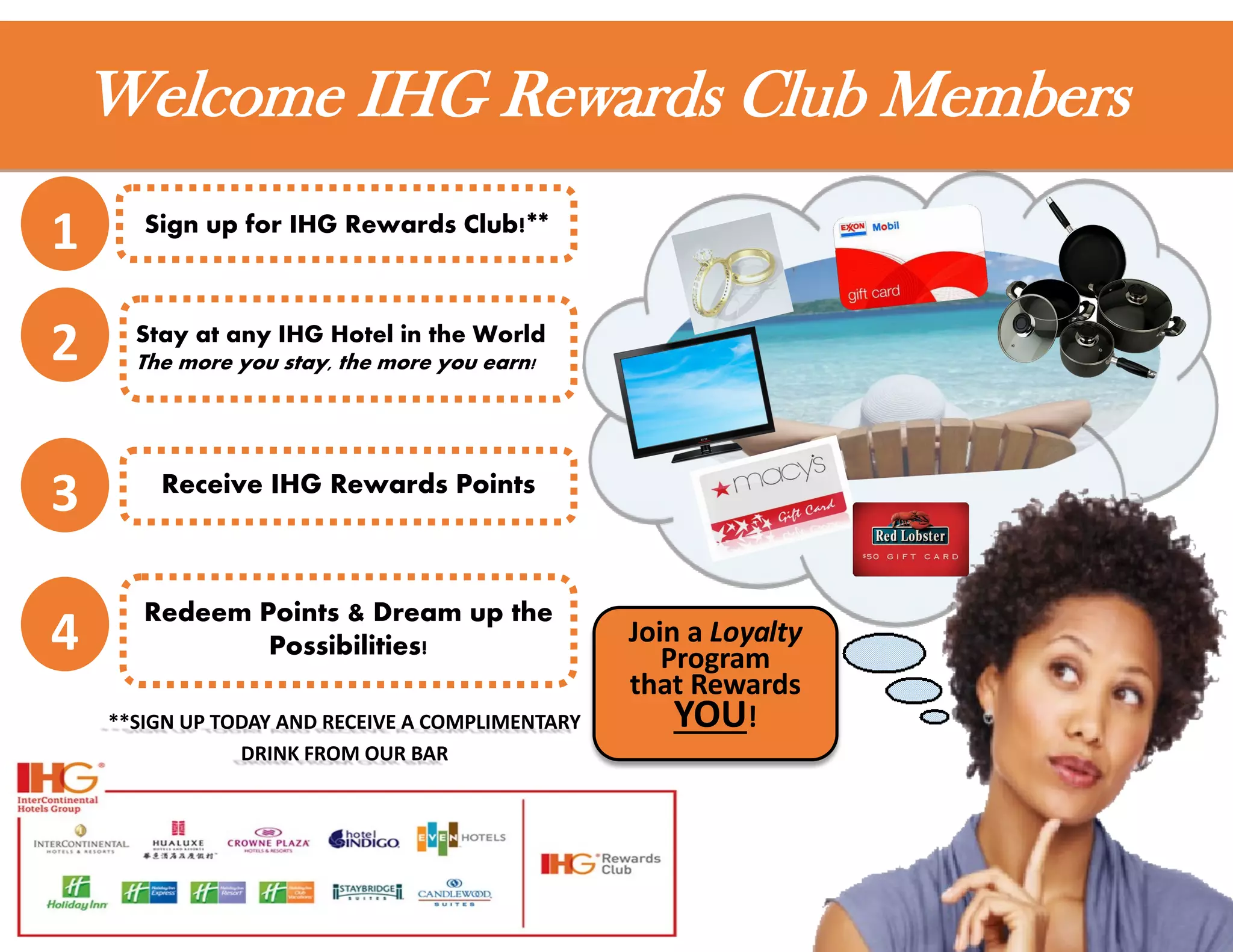 1
2
3
4
Sign up for IHG Rewards Club!**
Stay at any IHG Hotel in the World
The more you stay, the more you earn!
Receive IHG Rewards Points
Redeem Points & Dream up the
Possibilities!
Welcome IHG Rewards Club Members
Join a Loyalty
Program
that Rewards
YOU!**SIGN UP TODAY AND RECEIVE A COMPLIMENTARY
DRINK FROM OUR BAR