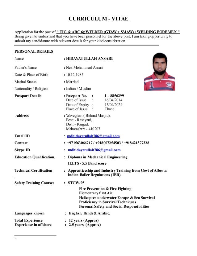 hidayat welder and formen cv welder cv