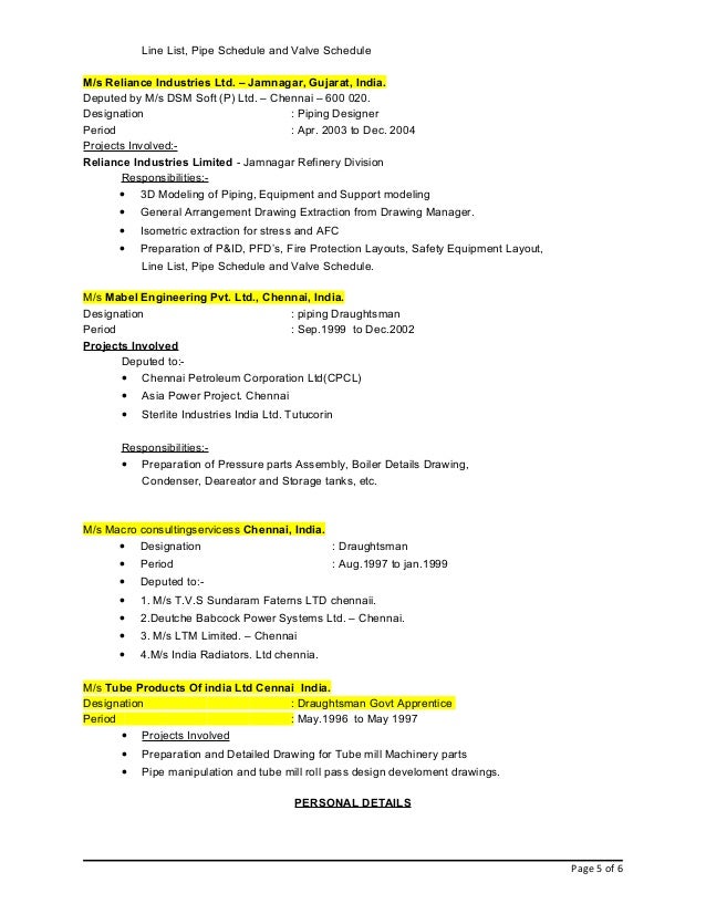 Model Piping Draftsman Resume