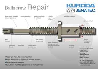 Ballscrew Repair
l Repair any make, type or configuration
l Repair Ballscrews up to 15m long, 200mm diameter
l Same day repair quotation
l Manufacture matched replacements on short deliveries
Kuroda Jena Tec UK Ltd
Willow Drive
Sherwood Park
Annesley
Nottinghamshire
NG15 0DP
United Kingdom
Tel: +44 (0)1623 726010
Fax: +44 (0)1623 726018
Email: sales@jena-tec.co.uk
www.jena-tec.co.uk
Loss of preload
Return
mechanism
damaged
Metal fatigue and wear
to bearing surfaces
Wear and damage
to ball track
Loss of
squareness
to PCD
Ball wear/breakage
Excessive
backlash
Wiper seals worn
leaking lubricant
and causing ingress
of debris
Poor system
concentricity
Uneven wear
over ball track
Damaged
threads
Shaft bent
Surface brinelling
Worn
keyways
 