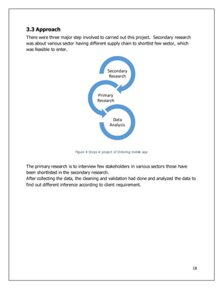 18
3.3 Approach
There were three major step involved to carried out this project. Secondary research
was about various sector having different supply chain to shortlist few sector, which
was feasible to enter.
Figure 8 Steps in project of Ordering mobile app
The primary research is to interview few stakeholders in various sectors those have
been shortlisted in the secondary research.
After collecting the data, the cleaning and validation had done and analyzed the data to
find out different inference according to client requirement.
Secondary
Research
Primary
Research
Data
Analysis
 