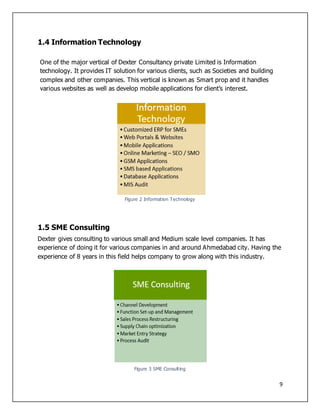9
1.4 Information Technology
One of the major vertical of Dexter Consultancy private Limited is Information
technology. It provides IT solution for various clients, such as Societies and building
complex and other companies. This vertical is known as Smart prop and it handles
various websites as well as develop mobile applications for client’s interest.
Figure 2 Information Technology
1.5 SME Consulting
Dexter gives consulting to various small and Medium scale level companies. It has
experience of doing it for various companies in and around Ahmedabad city. Having the
experience of 8 years in this field helps company to grow along with this industry.
Figure 3 SME Consulting
 