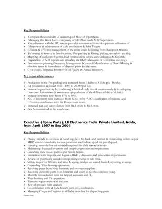 Chandra Mouli
Key Responsibilities
 Complete Responsibility of uninterrupted flow of Operations.
 Managing the Work force comprising of 540 Man heads & 12 Supervisors.
 Coordination with the 3PL service provider to ensure effective & optimum utilization of
 Manpower & achievement of daily production & Sales Targets.
 Efficient & effective management of the entire chain beginning from Receipt of Material
 To binning in reserve & firm locations, Pre-packing & Kitting, picking, secondary packing
 Mapping of outbound logistics, load optimization, vehicle cube utilization & dispatch.
 Preparation of MIS reports, and attending the Daily Management Committee meetings.
 Procurement planning/Inventory Management & control/Identification of Slow-Moving &
obsolete items & formulation of disposal plans for the same.
 Cycle count/Perpetual Inventory/Half-Yearly & Annual Inventory.
My major achievements
 Production in the Pre-packing area increased from 3 lakhs to 5 lakhs pcs. Per day.
 Kit production increased from 14000 to 20000 per day.
 Increase in productivity by conducting a detailed cycle time & motion study & by adopting
Low-cost Automation & continuous up-gradation of the skill-sets of the workforce.
 Increase in service ratio from 87% to 98%.
 No. of inventory turns increased from 12 to 16 by ‘ABC’ classification of material and
Effective coordination with the Procurement team.
 Increased per day sales volumes from Rs.3 crore to Rs.4 crore.
 Best 5s maintained in the warehouse.
Executive (Spare Parts), LG Electronics India Private Limited, Noida,
from April 1997 to Sep 2006
Key Responsibilities
 Placing intends to overseas & local suppliers by back and normal & forecasting orders as per
MRP, system considering various parameter and follow up till the part shipped.
 Ensuring smooth flow of materials required for daily service activities
 Maintaining balanced inventory and supply as per seasonal requirement.
 Launching new model parts as per history failure.
 Interaction with Imports, and logistics, R&D , Accounts ,and production departments.
 Review of purchasing cost & corresponding change in sale price.
 Setting target for fill ratio, lead time & ageing, analyze on weekly basis & reporting to mngt.
 Controlling Ware housing operations.
 Receiving parts from both domestic and overseas suppliers.
 Receiving defective parts from branches and scarp as per the company policy.
 Monthly reconciliation with the help of accounts and IT.
 Ware housing and 5’s operations.
 Warranty replacement with vendors.
 Rework process with vendors.
 Co-ordination with all India branch parts co-coordinators.
 Managing Cargo and logistics to all India branches for dispatching parts.
 