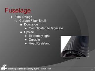 Fuselage
● Final Design
○ Carbon Fiber Shell
■ Downside
● Complicated to fabricate
■ Upside
● Extremely light
● Durable
● Heat Resistant
Washington State University Hybrid Rocket Team 26
carbonfibergear.com
 