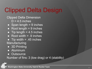 Clipped Delta Design
Washington State University Hybrid Rocket Team 28
Clipped Delta Dimension
D = 4.5 inches
● Span length = 9 inches
● Root length = 9 inches
● Tip length = 4.5 inches
● Root width = .9 inches
● Tip width = .45 inches
Manufacturing
● 3D Printing
● Aluminum
● Outsource
Number of fins: 3 (low drag) or 4 (stability)
 