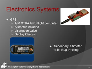 Electronics Systems
Washington State University Hybrid Rocket Team 34
● Secondary Altimeter
○ backup tracking
● GPS
○ AIM XTRA GPS flight computer
○ Altimeter included
○ disengage valve
○ Deploy Chutes
 
