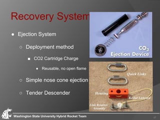 Recovery Systems
● Ejection System
○ Deployment method
■ CO2 Cartridge Charge
● Reusable, no open flame
○ Simple nose cone ejection
○ Tender Descender
Washington State University Hybrid Rocket Team 37
 