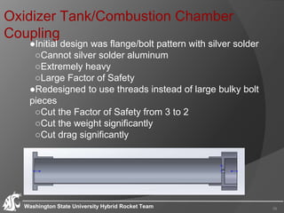 Oxidizer Tank/Combustion Chamber
Coupling
●Initial design was flange/bolt pattern with silver solder
○Cannot silver solder aluminum
○Extremely heavy
○Large Factor of Safety
●Redesigned to use threads instead of large bulky bolt
pieces
○Cut the Factor of Safety from 3 to 2
○Cut the weight significantly
○Cut drag significantly
Washington State University Hybrid Rocket Team 39
 