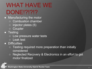WHAT HAVE WE
DONE!?!?!?
● Manufacturing the motor
○ Combustion chamber
○ injector plates (5)
○ Coupler
● Testing
○ Low pressure water tests
○ Leak test
● Difficulties
○ Testing required more preparation than initially
considered
○ Neglected Recovery & Electronics in an effort to get
motor finalized
Washington State University Hybrid Rocket Team 42
 