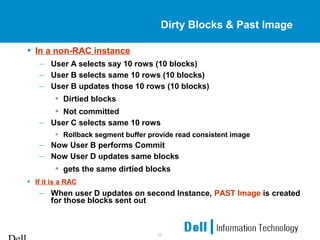 10
Dirty Blocks & Past Image
• In a non-RAC instance
– User A selects say 10 rows (10 blocks)
– User B selects same 10 rows (10 blocks)
– User B updates those 10 rows (10 blocks)
• Dirtied blocks
• Not committed
– User C selects same 10 rows
• Rollback segment buffer provide read consistent image
– Now User B performs Commit
– Now User D updates same blocks
• gets the same dirtied blocks
• If it is a RAC
– When user D updates on second Instance, PAST Image is created
for those blocks sent out
 