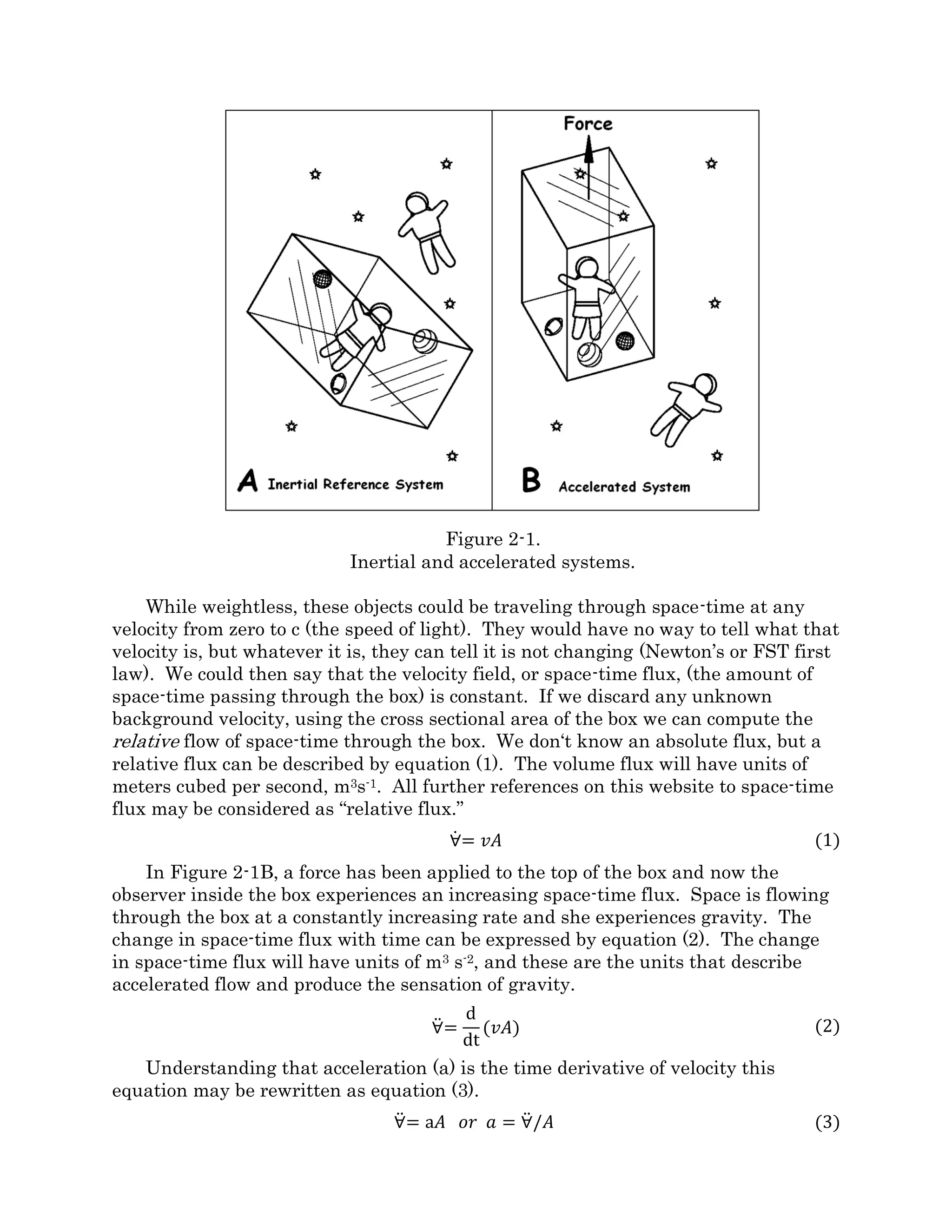 It is easy to see what is going on from the point of view of someone floating weightless
nearby, watching the stack of boxes accelerate past. Every box has the same relative
velocity to the observer no matter where it is in the stack, and by the laws of relativity,
clocks moving at the same relative velocity to an observer will run at the same rate. This
grid work is not revealing any signs of curved space.
For the second situation, lets imagine two space wheels out in a vast area of flat space-
time. The first wheel will serve as the reference wheel. On it, no matter where our
astronaut goes she feels weightless. She may also see stars at a great distance appear to
be fixed in the sky. The hubs of the two wheels are aligned on a common axis and she
makes her way over to the turning wheel. On this wheel the stars describe slow circles as
the wheel rotates and as she progresses outward to the rim, she notices gravity becoming
increasingly strong.
Back on the first wheel she sets up a grid of rods and clocks with no problems. Each
clock shows zero weight and runs at the same rate as the others. Every rod remains the
same length, and at any radius from the hub, the circumference comes out to be exactly 2
pi r. She repeats this process on the turning wheel. The first thing she notices is that only
the clock at the center shows zero weight, while all the others show increasing weights as
she goes farther from the hub. Each clock around the rim at the same radius weighs the
exactly same as all the others at that radius and runs at the same rate. As she progresses
farther from the center, the force of gravity becomes quite intense and she notices that
clocks that far away from the hub are beginning to run more slowly than those closer to
the center. She also discovers that the rods aligned around the rim are starting to add up
to more than 2 pi r. This rotating reference frame is showing the signs of curved space-
time, even though it is floating in a region of flat space time and the space-time of the
wheel next to it remains flat.
From the point of view of an astronaut on the first wheel it is easy to see what is going
on. The astronauts and elements on the turning wheel are moving faster and faster the
farther they are away from the hub. As the velocity gets higher, the effects of relativity
start to show up. Rods aligned in the direction of motion appear shortened and clocks run
more slowly. Space-time is being curved according to the laws of relativity.
Now let’s take a look at the third situation. In this case, let’s put our astronaut in the
middle of a tall tower erected on the planet’s surface. He starts building a grid work of
clocks and rods up and down the tower. Clocks at the same level on the tower run at the
same rate and weigh the same amount. This could go on outward to create a spherical
shell around the planet if he continued to build laterally. As he builds upward, he notices
that the clocks are showing less weight and running a bit faster than the clocks lower
down. As he builds downward, he notices that the weight of the clocks is increasing and
they are running more slowly than ones higher up. He also notices that while the vertical
rods appear to him to be the same length, as he builds downward, he is not getting as
much closer to the planet’s surface as he expected. This reference frame is also showing
the tell tale signs of curved space-time.
 