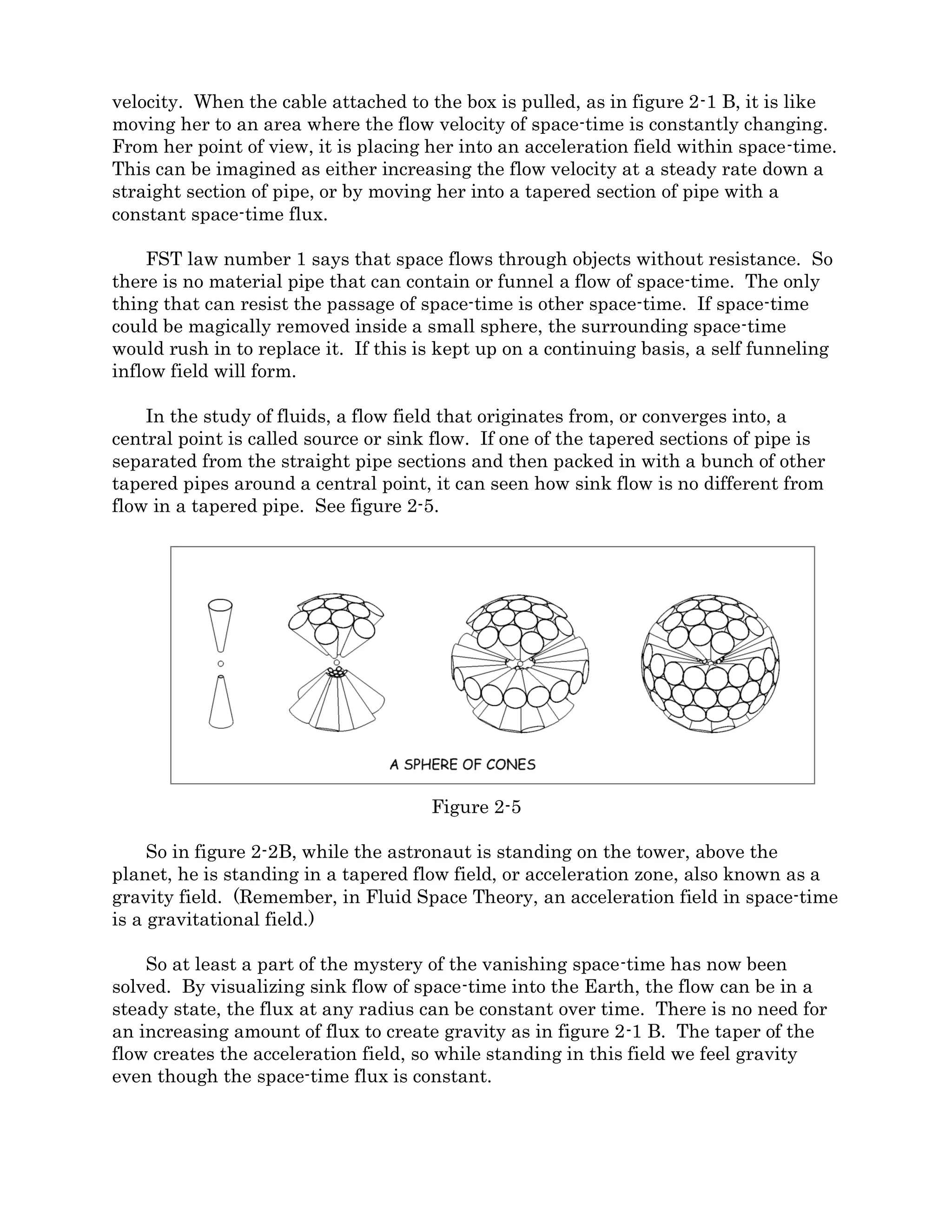 sensation of zero gravity while falling toward the planet as she felt while floating in space.
The astronaut being pulled by a force or standing on the tower will feel the same sensation
of positive gravity. There is a name for this, it is called the equivalence principle, named
by Einstein himself.
The equivalence principle states that there is no distinction locally between the
gravity felt while standing on the surface of a massive body or while being pulled through
space by a force. This means that on the planet’s surface, the flux of space time must also
be constantly changing with time. We may then replace the term for area A in equation
(4) with the surface area of the planet, which has radius r to arrive at equation (5).
F = m∀̈ /4πr2
(5)
While the observer is sitting on the surface of the planet, the force of gravity felt
remains constant. This is also true for the observer being pulled through space by a
constant force. Looking at the term V double dot, we see it has units of m3s-2 This is very
similar to the units of the gravitational constant G which has units m3kg-1s-2. If V double
dot is assumed to be proportional to the mass M of the planet, we may replace the change
in space-time flux term, V double dot, with a convenient constant, 4 pi G, which is applied
in proportion to the mass M of the planet and we get the very familiar equation (6).
𝑖𝑓 ∀̈ = 𝑀4𝜋𝐺 𝑡ℎ𝑒𝑛 𝐹 =
𝑚𝑀4𝜋𝐺
4𝜋𝑟2
𝑜𝑟 𝐹 =
𝑚𝑀𝐺
𝑟2
(6)
In this way, Newton’s equation for gravity may be derived on the basis of a space-time
inflow velocity field. Of course, there is a problem with this. If space-time is flowing into
the planet from all sides, where is it going? The planet should quickly fill up with space-
time and the flow will come to a stop. Also, it would seem that the flow velocity at the
surface would have to be constantly increasing with time to create gravity, making the
situation even worse. The amount of space-time volume passing through any imagined
sphere at radius r must be accounted for, as well as the second order term for ever
increasing velocity, and this seems impossible.
At this point, most people have thrown up their hands and walked away from this line
of thinking, but not me. There is an answer, and it is precisely by accounting for this “lost
volume” of space-time, that the cause of galaxy rotations faster than predicted by
Newton’s gravitation equation (dark matter), and changes in the observed rate of
expansion of the universe (dark energy) can be explained.
Section 2.3: Sink flows and acceleration fields.
This section will show and explain how gravity is created by space time flux in a sink
flow field. To begin with we need to understand space-time flux, or any kind of flux for
that matter.
 