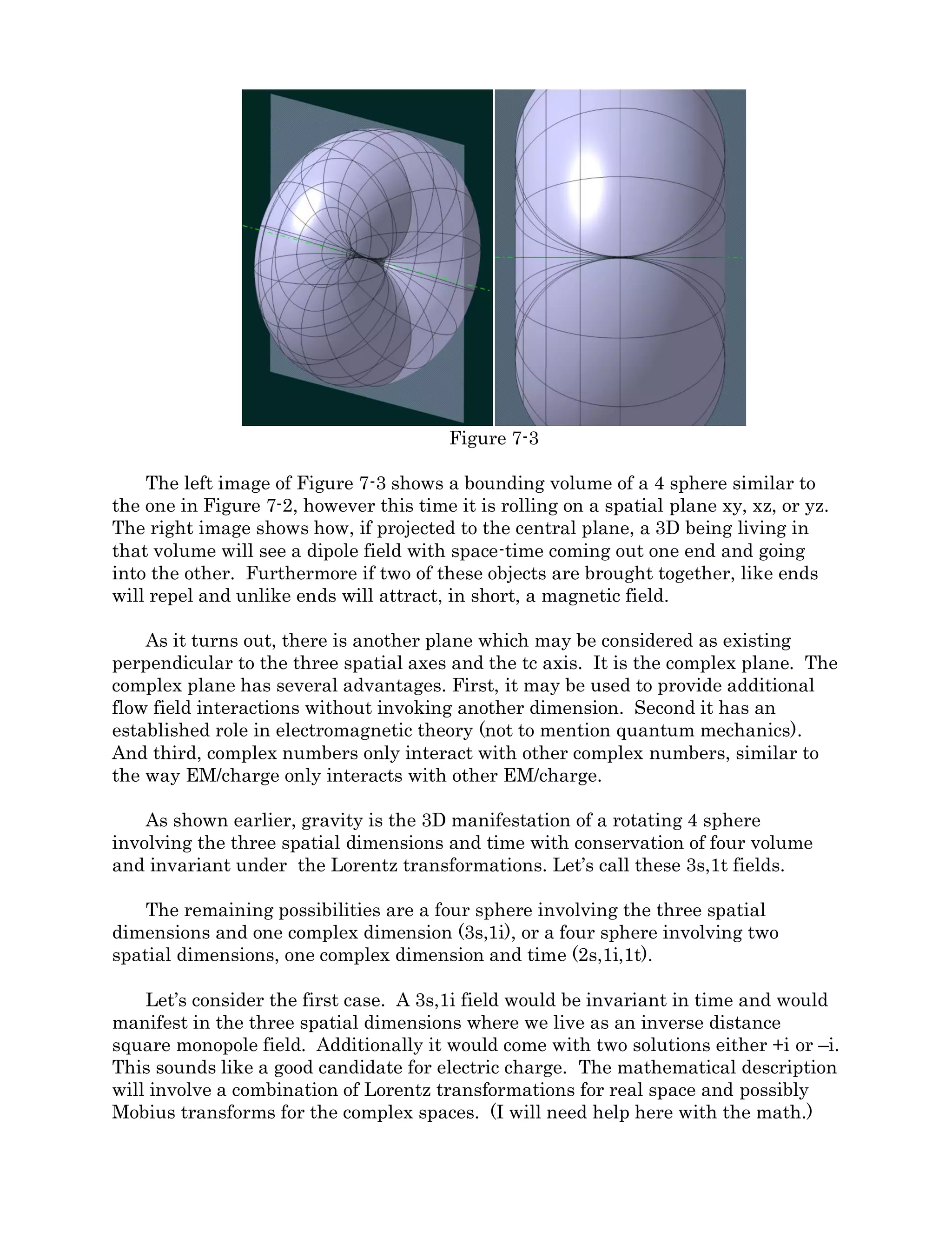 is probably valid in the comparison of forces, it may not be useful in terms of calculating
energy content. It is more likely that electromagnetism has a different space-time flow
pattern involving another dimensional axis, replacing the x, y, z, or tc with a new axis
perpendicular to the one it replaces. The spatial distortion energy associated with the new
axis could be quite different from that of the tc axis, involving an entirely different
modulus. Since we see charge acting in our x, y, and z dimensions, it must be the tc axis
that has been replaced. This would also prevent electric charge from interacting with time
and therefore gravity.
It may be helpful to think of a gravitational field as a four dimensional object in
rotation about a plane or pair of planes. Visualization of such an object is difficult,
however a 4D hyper-sphere rotating about the z-y and x-tc planes could appear in 3D
space as an inflow/outflow field. Another pairing of planes might account for
electromagnetic fields.
It is important keep in mind that these objects are fluid, not made of elastic
membranes or solids. As fluid forms, they will take the shape necessary to keep all forces
in balance and be flexible and self-correcting when acted upon by an outside force. This
may be viewed similarly to the way charge distribution inside a conductor flows to always
keep the electric potential equal to zero.
Figure 7-1
Figure 7-1 shows a 3Sphere intersecting a plane. If the surface of this sphere is
projected onto the plane and the sphere is rotating at a constant rate about the vertical
axis, a two dimensional being living on the plane will see a circle in which area magically
appears on one side of the circle, travels across the circle and vanishes on the other side.
 
