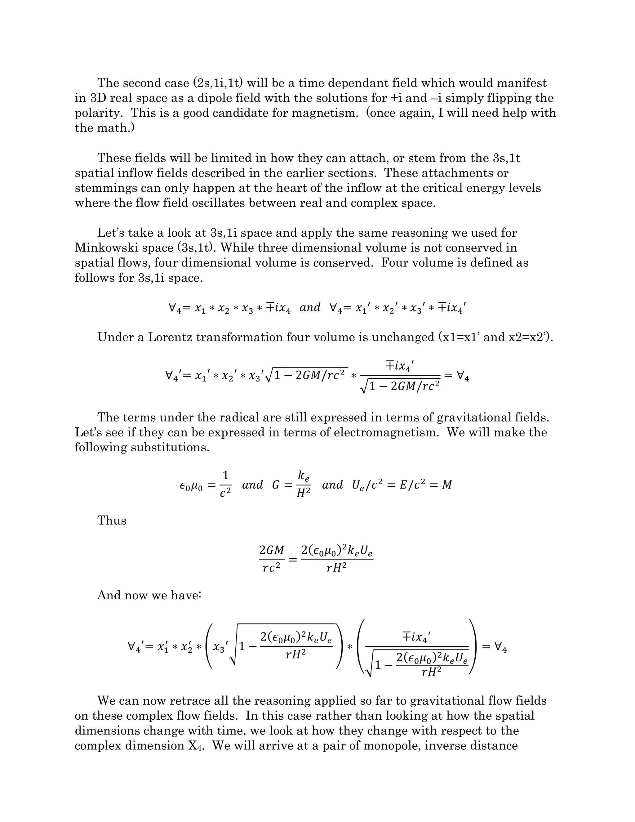 Figure 7-2
The left image of Figure 7-2 shows a bounding volume of a 4Sphere around the time
axis. The right image is a close-up of the center, showing that the passage does not go to
zero but has a minimum radius Rmin. The surfaces in these images represent volumes in
which the dimension normal to the surface has been compressed to zero and the green axis
in the figure is the time axis. Imagine that the torus is rolling along the time axis like a
smoke ring. If the surface (volume) of the torus is projected onto the central plane
(volume), a 3D being living in that volume will see space magically appear at the edge and
accelerate toward the center where it will slow and then vanish at Rmin. This is exactly
what we see in the gravity field of a material object. A FST inflow field can be viewed as
an energized hyper-sphere rolling along the time axis.
Only one bounding volume is shown in Figure 7-2 but there would be an infinite
number of them ranging in size from Rmin to infinity, all rolling along the time axis, each
representing a radius/velocity profile proportional to the central mass. This rolling smoke
ring form is shared by all material objects and is nested in space-time with all other
objects as in a fractal pattern encompassing the entire universe.
In a doughnut shaped universe (like the one in Figure 7-2 or like the one stolen from
Homer Simpson by Stephen Hawking), The “Big Bang” would not be an event but a
permanent feature of the universe where recycled energy is spewed out continuously on
one side, travels around the torus and is eventually swallowed up on the other end only to
be spewed out once more (no need for inflation).
 