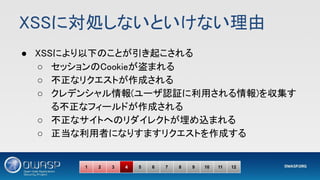XSSに対処しないといけない理由 
● XSSにより以下のことが引き起こされる 
○ セッションのCookieが盗まれる 
○ 不正なリクエストが作成される 
○ クレデンシャル情報(ユーザ認証に利用される情報)を収集す
る不正なフィールドが作成される 
○ 不正なサイトへのリダイレクトが埋め込まれる 
○ 正当な利用者になりすますリクエストを作成する 
1 2 3 4 5 6 7 8 9 10 11 12
 