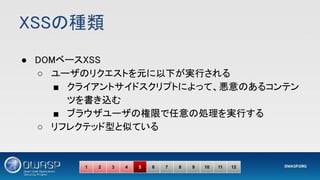 XSSの種類 
● DOMベースXSS 
○ ユーザのリクエストを元に以下が実行される 
■ クライアントサイドスクリプトによって、悪意のあるコンテン
ツを書き込む 
■ ブラウザユーザの権限で任意の処理を実行する 
○ リフレクテッド型と似ている 
1 2 3 4 5 6 7 8 9 10 11 12
 