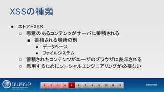 XSSの種類 
● ストアドXSS 
○ 悪意のあるコンテンツがサーバに蓄積される 
■ 蓄積される場所の例 
● データベース 
● ファイルシステム 
○ 蓄積されたコンテンツがユーザのブラウザに表示される 
○ 悪用するためにソーシャルエンジニアリングが必要ない 
1 2 3 4 5 6 7 8 9 10 11 12
 