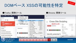 DOMベース XSSの可能性を特定 
1 2 3 4 5 6 7 8 9 10 11 12
Try it!
（右クリック） 
●Firefox：開発ツール  ●Chrome：開発ツール 
 