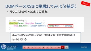 DOMベースXSSに挑戦してみよう(補足) 
Try it!
1 2 3 4 5 6 7 8 9 10 11 12
• リクエストからXSSまでの流れ 
showTestParamでは、パラメータをエンコードせずにHTMLに
セットしている 
 