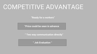COMPETITIVE ADVANTAGE
“Price could be seen in advance
“ Job Evaluation “
“Ready for a workers”
“ Two way communication directly”
 