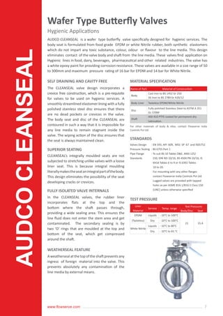 7www.flowserve.com
AUDCO CLEANSEAL is a wafer type butterfly valve specifically designed for hygienic services. The
body seat is formulated from food grade EPDM or white Nitrile rubber, both synthetic elastomers
which do not impart any toxic substance, colour, odour or flavour to the line media. This design
eliminates contact of the valve body and shaft from the line media. These valves find application on
Hygienic lines in food, dairy, beverages, pharmaceutical and other related industries. The valve has
a white epoxy paint for providing corrosion resistance. These valves are available in a size range of 50
to 300mm and maximum pressure rating of 16 bar for EPDM and 14 bar for White Nitrile.
The CLEANSEAL valve design incorporates a
crevice free construction, which is a pre-requisite
for valves to be used on hygienic services. A
smoothly streamlined elastomer lining with a fully
polished stainless steel disc ensures that there
are no dead pockets or crevices in the valve.
The body seat and disc of the CLEANSEAL are
contoured in such a way that it is impossible for
any line media to remain stagnant inside the
valve. The wiping action of the disc ensures that
the seat is always maintained clean.
CLEANSEAL’s integrally moulded seats are not
subjected to stretching unlike valves with a loose
liner seat. This is because integral moulding
literallymakestheseatanintegralpartofthebody.
This design eliminates the possibility of the seat
developing cracks or crevices.
For other matenals of body & elise, contact Flowserve India
Controls Pvt Ltd.
In the CLEANSEAL valves, the rubber liner
incorporates flats at the top and the
bottom where the shaft passes through,
providing a wide sealing area. This ensures the
line fluid does not enter the stem area and get
contaminated. The secondary sealing is by
two ‘O’ rings that are moulded at the top and
bottom of the seat, which get compressed
around the shaft.
Aweathersealatthetopoftheshaftpreventsany
ingress of foreign material into the valve. This
prevents absolutely any contamination of the
line media by external means.
SELF DRAINING AND CAVITY FREE
SUPERIOR SEATING
FULLY ISOLATED VALVE INTERNALS
WEATHERSEAL FEATURE
MATERIAL SPECIFICATION
STANDARDS
Name of Part Material of Construction
Body
Cast Iron to BS 1452 Gr 250
SG Iron to BS 2789 Gr 420/12
Body Liner Tasteless EPDM/White Nitrile
Disc
Fully polished Stainless Steel to ASTM A 351
Gr. CF8M
Shaft
AISI 410 PTFE coated for permanent dry
lubrication.
Valves Design
Pressure Testing
Pipe Flange
Standards
: EN 593, API 609, MSS SP 67 and IS05752
: BS 6755 Part 1
: To suit BS 10 Tables D&E, ANSI 125/
150, DIN ND 10/16, BS 4504 PN 10/16, IS
6418 Tables 6 to 9 or IS 6392 Tables
10 to 20.
For mounting with any other flanges
contact Flowserve India Controls Pvt Ltd.
Lugged valves are provided with tapped
holes as per ASME B16.1/B16.5 Class 150
(UNC) unless otherwise specified
TEST PRESSURE
Liner
Material
Service Temp. range
Test Pressures
Body/Disc Seat
EPDM
(Tasteless)
Liquids - 10°C to 100°C
21 15.4
Dry - 10°C to 100°C
White Nitrile
Liquids - 10°C to 80°C
Dry - 10°C to 65.°C
Wafer Type Butterfly Valves
Hygienic ApplicationsAUDCOCLEANSEAL
 