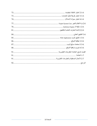 ‫الصفحة‬10
6-1-2‫المكتبة‬ ‫اختيار‬NxBRE:............................................................................................................73
6-1-3:‫المعارف‬ ‫تمثيل‬ ‫طريقة‬ ‫اختيار‬.....................................................................................................73
6-1-4:‫االستدالل‬ ‫محرك‬ ‫اختيار‬...........................................................................................................74
6-2‫الخبير‬ ‫النظام‬ ‫نواة‬Expert System Core:..............................................................................................77
6-2-1‫الـ‬ ‫طبقة‬Inefernce Engine:........................................................................................................78
6-2-2:‫بالتطبيق‬ ‫الخاصة‬ ‫المعارف‬ ‫قاعدة‬.................................................................................................81
6-3:‫العملي‬ ‫التطبيق‬..............................................................................................................................84
6-3-1‫الويب‬ ‫تطبيق‬Web Application:.................................................................................................85
6-3-2:‫الموقع‬ ‫هيكلية‬........................................................................................................................86
6-3-3:‫الويب‬ ‫موقع‬ ‫صفحات‬...............................................................................................................87
6-3-4:‫الموقع‬ ‫توافقية‬ ‫تجريب‬..............................................................................................................88
:‫التطويرية‬ ‫المقترحات‬ ،‫الخاتمة‬ :‫السابع‬ ‫الفصل‬..............................................................................................91
7-1:‫الخاتمة‬...................................................................................................................................91
7-2‫األعمال‬:‫التطويرية‬ ‫والمقترحات‬ ‫المستقبلية‬.........................................................................................91
‫المراجع‬.............................................................................................................................................92
 