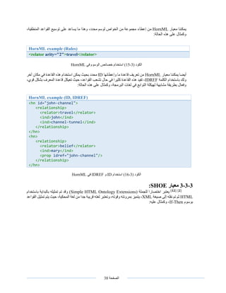 ‫الصفحة‬38
‫معيار‬ ‫يمكننا‬HornML‫إعطاء‬ ‫من‬،‫المنطقية‬ ‫القواعد‬ ‫توسيع‬ ‫على‬ ‫يساعد‬ ‫ما‬ ‫وهذا‬ ،‫محدد‬ ‫لوسم‬ ‫الخواص‬ ‫من‬ ‫مجموعة‬
:‫الحالة‬ ‫هذه‬ ‫على‬ ‫وكمثال‬
‫الكود‬(3-15)‫في‬ ‫الوسوم‬ ‫خصائص‬ ‫استخدام‬HornML
‫معيار‬ ‫يمكننا‬ ‫أيضا‬HornML‫وإعطائها‬ ‫ما‬ ‫قاعدة‬ ‫تعريف‬ ‫من‬ID‫آخر‬ ‫مكان‬ ‫في‬ ‫القاعدة‬ ‫هذه‬ ‫استخدام‬ ‫يمكن‬ ‫بحيث‬ ‫محدد‬
‫الكلمة‬ ‫باستخدام‬ ‫ولك‬IDREF،‫قوي‬ ‫بشكل‬ ‫المعرف‬ ‫قاعدة‬ ‫تعيكل‬ ‫حيث‬ ،‫القواعد‬ ‫تشعب‬ ‫حال‬ ‫في‬ ‫كثيرا‬ ‫القاعدة‬ ‫هذه‬ ‫تفيد‬ ،
:‫الحالة‬ ‫هذه‬ ‫على‬ ‫وكمثال‬ ،‫البرمجة‬ ‫لغات‬ ‫في‬ ‫التوابع‬ ‫لهيكلة‬ ‫مشابهة‬ ‫بطريقة‬ ‫وفعال‬
‫الكود‬(3-16)‫استخدام‬ID‫و‬IDREF‫في‬HornML
3-3-3‫معيار‬SHOE:
[𝟏𝟐] [𝟐]
‫للجملة‬ ‫اختصارا‬ ‫يعتبر‬(Simple HTML Ontology Extensions)‫باستخدام‬ ‫بالبداية‬ ‫تمثيله‬ ‫تم‬ ‫وقد‬
HTML‫صيغة‬ ‫إلى‬ ‫نقله‬ ‫تم‬ ‫ثم‬XML‫القواعد‬ ‫تمثيل‬ ‫يتم‬ ‫حيث‬ ،‫المحكية‬ ‫لغة‬ ‫من‬ ‫جدا‬ ‫قريبة‬ ‫لغته‬ ‫وتعتبر‬ ،‫وقوته‬ ‫بمرونته‬ ‫يتميز‬ ،
‫بوسوم‬If-Then:‫عليه‬ ‫وكمثال‬ ،
HornML example (Rules)
<relator arity="2">travel</relator>
HornML example (ID, IDREF)
<hn id="john-channel">
<relationship>
<relator>travel</relator>
<ind>john</ind>
<ind>channel-tunnel</ind>
</relationship>
</hn>
<hn>
<relationship>
<relator>belief</relator>
<ind>mary</ind>
<prop idref="john-channel"/>
</relationship>
</hn>
 