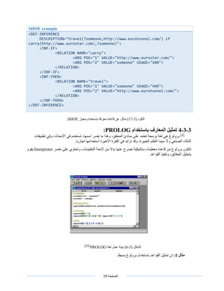 ‫الصفحة‬39
‫الكود‬(3-17)‫معيار‬ ‫باستخدام‬ ‫معرفة‬ ‫قاعدة‬ ‫عن‬ ‫مثال‬SHOE.
3-3-4‫باستخدام‬ ‫المعارف‬ ‫تمثيل‬PROLOG:
[2]
‫تطبيقات‬ ‫وفي‬ ،‫األبحاث‬ ‫في‬ ‫تستخدم‬ ،‫اسمها‬ ‫يفسر‬ ‫ما‬ ‫وهذا‬ ،‫المنطق‬ ‫مبادئ‬ ‫على‬ ‫تعتمد‬ ‫برمجة‬ ‫لغة‬ ‫هي‬ ‫برولوغ‬
‫في‬ ‫نزايد‬ ‫وقد‬ ،‫الخبيرة‬ ‫النظم‬ ‫سيما‬ ‫وال‬ ‫الصنعي‬ ‫الذكاء‬.‫تجاريا‬ ‫استخدامها‬ ‫األخيرة‬ ‫الفترة‬
‫وتحت‬ ،‫التعليمات‬ ‫الئحة‬ ‫من‬ ‫بدال‬ ‫عنها‬ ‫نصرح‬ ‫ستاتيكية‬ ‫معطيات‬ ‫قاعدة‬ ‫من‬ ‫برولوغ‬ ‫تتكون‬‫مفسر‬ ‫على‬ ‫وي‬Interpreter‫يقوم‬
.‫القواعد‬ ‫وتنفيذ‬ ،‫الحقائق‬ ‫بتحليل‬
‫الشكل‬(3-6)‫لغة‬ ‫عمل‬ ‫بيئة‬[25]
PROLOG
‫مثال‬1:‫بسيط‬ ‫برولوغ‬ ‫باستخدام‬ ‫القواعد‬ ‫تمثيل‬ ‫إن‬:
SHOE example
<DEF-INFERENCE
DESCRIPTION="travel(?someone,http://www.eurotunnel.com/) if
carry(http://www.eurostar.com/,?someone)">
<INF-IF>
<RELATION NAME="carry">
<ARG POS="1" VALUE="http://www.eurostar.com/">
<ARG POS="2" VALUE="someone" USAGE="VAR">
</RELATION>
</INF-IF>
<INF-THEN>
<RELATION NAME="travel">
<ARG POS="1" VALUE="someone" USAGE="VAR">
<ARG POS="2" VALUE="http://www.eurotunnel.com/">
</RELATION>
</INF-THEN>
</DEF-INFERENCE>
 