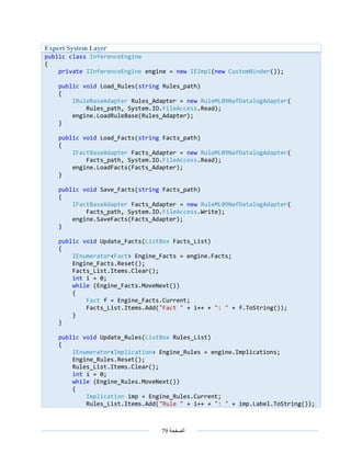 ‫الصفحة‬79
Expert System Layer
public class InferenceEngine
{
private IInferenceEngine engine = new IEImpl(new CustomBinder());
public void Load_Rules(string Rules_path)
{
IRuleBaseAdapter Rules_Adapter = new RuleML09NafDatalogAdapter(
Rules_path, System.IO.FileAccess.Read);
engine.LoadRuleBase(Rules_Adapter);
}
public void Load_Facts(string Facts_path)
{
IFactBaseAdapter Facts_Adapter = new RuleML09NafDatalogAdapter(
Facts_path, System.IO.FileAccess.Read);
engine.LoadFacts(Facts_Adapter);
}
public void Save_Facts(string Facts_path)
{
IFactBaseAdapter Facts_Adapter = new RuleML09NafDatalogAdapter(
Facts_path, System.IO.FileAccess.Write);
engine.SaveFacts(Facts_Adapter);
}
public void Update_Facts(ListBox Facts_List)
{
IEnumerator<Fact> Engine_Facts = engine.Facts;
Engine_Facts.Reset();
Facts_List.Items.Clear();
int i = 0;
while (Engine_Facts.MoveNext())
{
Fact f = Engine_Facts.Current;
Facts_List.Items.Add("Fact " + i++ + ": " + f.ToString());
}
}
public void Update_Rules(ListBox Rules_List)
{
IEnumerator<Implication> Engine_Rules = engine.Implications;
Engine_Rules.Reset();
Rules_List.Items.Clear();
int i = 0;
while (Engine_Rules.MoveNext())
{
Implication imp = Engine_Rules.Current;
Rules_List.Items.Add("Rule " + i++ + ": " + imp.Label.ToString());
 