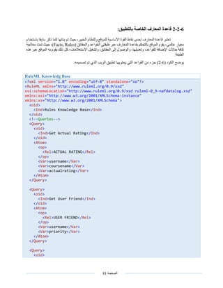 ‫الصفحة‬81
6-2-2:‫بالتطبيق‬ ‫الخاصة‬ ‫المعارف‬ ‫قاعدة‬
‫باستخدام‬ ‫سابقا‬ ‫ذكر‬ ‫كما‬ ‫بنائها‬ ‫تم‬ ‫حيث‬ ،‫الخبير‬ ‫وللنظام‬ ‫للموقع‬ ‫األساسية‬ ‫القوة‬ ‫نقاط‬ ‫إحدى‬ ‫المعارف‬ ‫قاعدة‬ ‫تعتبر‬
‫معيا‬‫ر‬‫الموقع‬ ‫يقوم‬ ،‫عالمي‬( ‫والحقائق‬ ‫الـقواعد‬ ‫طبقتي‬ ‫عبر‬ ‫المعارف‬ ‫بقاعدة‬ ‫بالتحكم‬Facts, Rules)‫معالجة‬ ‫تمت‬ ‫حيث‬ ،
‫هذه‬ ‫عبر‬ ‫الموقع‬ ‫به‬ ‫يقوم‬ ‫ذلك‬ ‫كل‬ ،‫االستعالمات‬ ‫وتشغيل‬ ،‫الحقائق‬ ‫إلى‬ ‫والوصول‬ ،‫وتعديلها‬ ،‫للقواعد‬ ‫اإلضافة‬ ‫حاالت‬ ‫كافة‬
.‫الطبقة‬
‫الكود‬ ‫يوضح‬(6-2‫تطبيق‬ ‫يحتويها‬ ‫التي‬ ‫القواعد‬ ‫من‬ ‫جزء‬ )‫تصميمه‬ ‫تم‬ ‫الذي‬ ‫الويب‬:
RuleML Knowledg Base
<?xml version="1.0" encoding="utf-8" standalone="no"?>
<RuleML xmlns="http://www.ruleml.org/0.9/xsd"
xsi:schemaLocation="http://www.ruleml.org/0.9/xsd ruleml-0_9-nafdatalog.xsd"
xmlns:xsi="http://www.w3.org/2001/XMLSchema-instance"
xmlns:xs="http://www.w3.org/2001/XMLSchema">
<oid>
<Ind>Rules Knowledge Base</Ind>
</oid>
<!--Queries-->
<Query>
<oid>
<Ind>Get Actual Rating</Ind>
</oid>
<Atom>
<op>
<Rel>ACTUAL RATING</Rel>
</op>
<Var>username</Var>
<Var>coursename</Var>
<Var>actualrating</Var>
</Atom>
</Query>
<Query>
<oid>
<Ind>Get User Friend</Ind>
</oid>
<Atom>
<op>
<Rel>USER FRIEND</Rel>
</op>
<Var>username</Var>
<Var>priority</Var>
</Atom>
</Query>
<Query>
<oid>
 