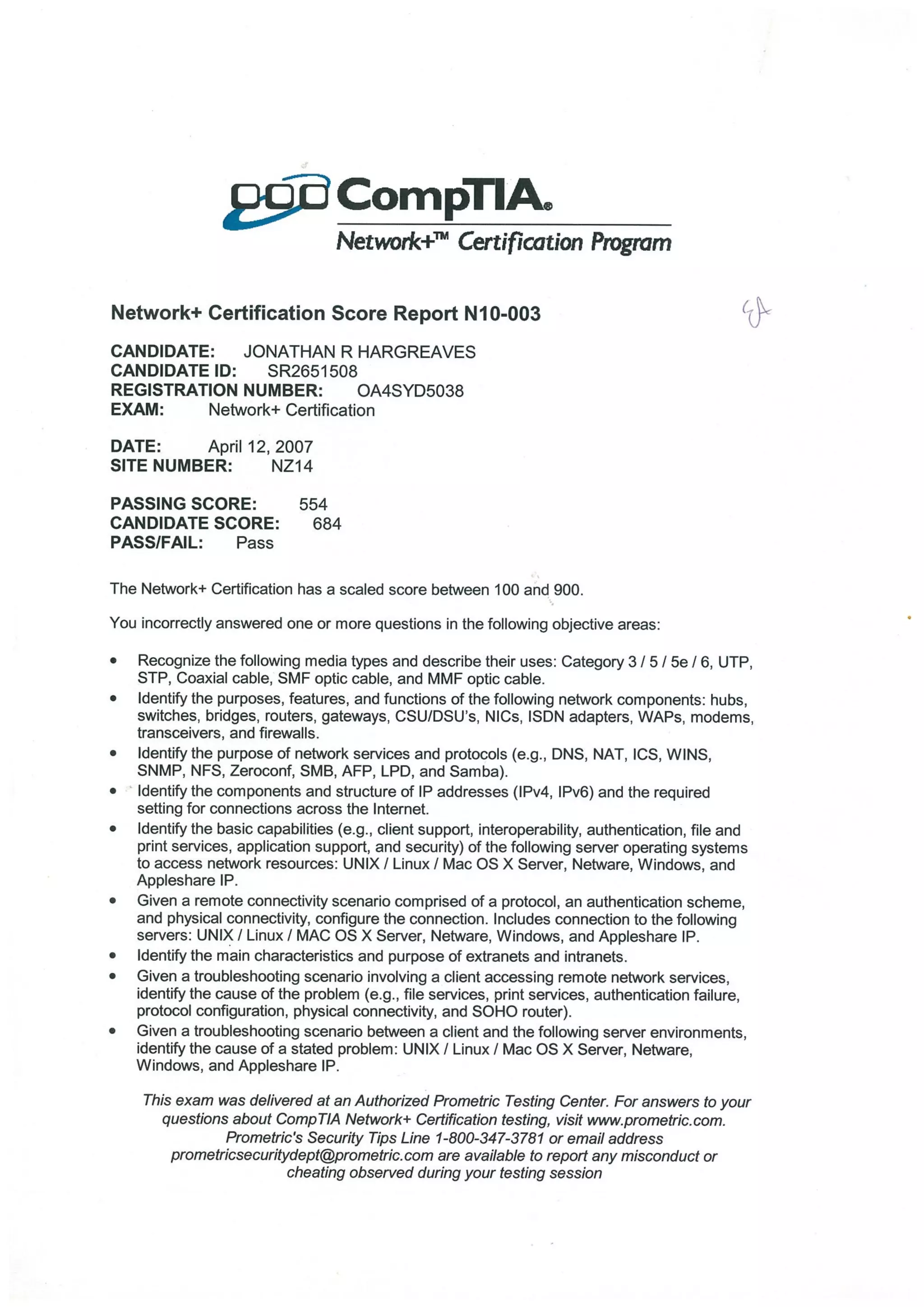 Jonathan Hargreaves - Network+ Cert Score | PDF