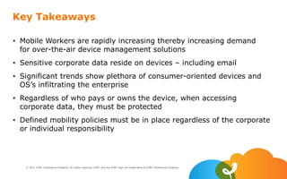 © 2011 AT&T Intellectual Property. All rights reserved. AT&T and the AT&T logo are trademarks of AT&T Intellectual Property.
Key Takeaways
• Mobile Workers are rapidly increasing thereby increasing demand
for over-the-air device management solutions
• Sensitive corporate data reside on devices – including email
• Significant trends show plethora of consumer-oriented devices and
OS’s infiltrating the enterprise
• Regardless of who pays or owns the device, when accessing
corporate data, they must be protected
• Defined mobility policies must be in place regardless of the corporate
or individual responsibility
 
