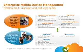 © 2011 AT&T Intellectual Property. All rights reserved. AT&T and the AT&T logo are trademarks of AT&T Intellectual Property.
Enterprise Mobile Device Management
Meeting the IT manager and end-user needs
IT Managers
deploy, oversee
and manage
mobile devices
by mobile
workers
Mobile workers
access corporate
data and
applications as
enabled by IT
managers.
Acquisition and Deployment
• Cost optimization
• Multiple device and carrier support
• Image devices
• Application enablement & deployment
Lifecycle Support
• Inventory management
• Security policy compliance
• Issue resolution and troubleshooting
End-of-Life
• Data protection
• Device upgrades
• Recover/Reallocate devices
Service Delivery Choice
• Managed service option
• Multicarrier support
• Cloud hosted
• Developer support via APIs/SDK
Productivity
• Reliable access to corporate data
and applications
Flexibility
• Choice of device
• Bring your own device
• Merging personal and professional use
Convenience
• Over-the-air troubleshooting
 