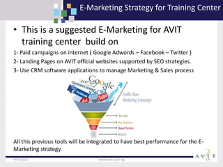 • This is a suggested E-Marketing for AVIT
training center build on
1- Paid campaigns on internet ( Google Adwords – Facebook – Twitter )
2- Landing Pages on AVIT official websites supported by SEO strategies.
3- Use CRM software applications to manage Marketing & Sales process
All this previous tools will be integrated to have best performance for the E-
Marketing strategy.
4/6/2016 www.avit.com.eg 14
E-Marketing Strategy for Training Center
 