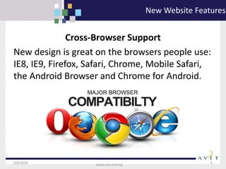 4/6/2016 5
www.avit.com.eg
Cross-Browser Support
New design is great on the browsers people use:
IE8, IE9, Firefox, Safari, Chrome, Mobile Safari,
the Android Browser and Chrome for Android.
New Website Features
 