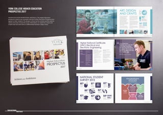 MASTERS
DEGREE/PHD
or other
postgraduate
qualification
NON-TRADITIONAL
APPLICANTS
with some formal qualifications
alongside relevant industry experience
ACCESS COURSE/
FOUNDATION YEAR
of an extended degree
(year-long bridging
courses enabling you to
access Higher Education,
see pages 112-115 for
further details)
BA (HONS) OR
BSC (HONS)
DEGREE
(normally studied
3 years full-time)
FOUNDATION
DEGREE
(normally
studied 2 years
full-time)
BA (HONS)
OR BSC (HONS)
‘TOP-UP’ DEGREE
(normally studied
1 year full-time)
www.yorkcollege.ac.uk | 31
NATIONAL STUDENT
SURVEY 2015
28 | National Student Survey 2015
84%
students felt
they received
sufficient help
and support with their studies
80%
students said
the course is
intellectually
stimulating
82%
students
satisfied with
the teaching
on their course
82%
students
happy with
the academic
support they
received
82%
students said staff
members are
enthusiastic about
the subject they’re
teaching
81%
students agreed
assessment
arrangements and
marking are fair
82%
students said they
were able to contact
staff when needed
88%
students felt their
timetable worked
well
Mon
Tues
Weds
Thurs
Fri
www.yorkcollege.ac.uk | 35
ART, DESIGN
AND CRAFTS
As an Art and Design student,
you will be a part of one of
York College’s largest and
most active departments.
The teaching facilities include
state of the art classrooms,
workshops, printing room,
photo studios and Apple
Macintosh suites, to ensure you
get the learning experience that
is right for you whatever your
artistic discipline.
Each year our students take part in
end-of-year‘Creative Shows’held at
both York St John University and at the
College itself. Students on the Fashion
Design and production programme are
able to see their designs come to life
in an end-of-year Fashion Show held
at York Racecourse. These events are
highlights of the city’s artistic calendar,
providing a high profile platform for
your work to be seen.
York College has also worked closely
with York Open Studios for a number of
years. The work of many of our students
is featured at the exhibition each year,
providing graduates with a unique
experience, often leading to exciting
opportunities.
Many of our students have gone on
to hugely successful careers in design,
graphic design, fine art and other art-
related careers.
90%
BA (Hons) Fashion
Design and Production
Students said they got
great advice and support*
Pass rate
for all Art
and
Design
courses
in 2015
*National Student Survey 2015
100%
BA (Hons)
Contemporary
3D Crafts
students said staff made
the subject interesting*
100%Students were keen to
point out how much
they respect and valued
the staff team.
BA (Hons) Graphic Design
External Examiner Interim Report, 2014
‘‘ ‘‘
34 | Art, Design and Crafts
Higher National Certificate
(HNC) Electrical and
Electronic Engineering
What will I study?
The Higher National Certificate
(HNC) programme is an eight-
unit qualification. Current
qualification units are:
• Analytical Methods for Engineers
• Engineering Science
• Electrical Electronic Principles
• Programmable Logic Circuits
• Digital Analogue Devices and
Circuits
• Instrumentation and Control
Principles
• Project Design, Implementation
and Evaluation
• Business Management Techniques
for Engineers
How is the programme
delivered?
The course consists of lectures,
assignment work, programming tasks
and lab work.
Assessment is by assignment work,
which includes calculations, lab
work, circuit/system simulations,
programming, research and
investigations. In year 2 there is
also a design, implementation and
evaluation project.
What can I do next?
The HNC in Electrical and Electronic
Engineering feeds directly into the
HND in Electrical and Electronic
Engineering course.
Format: Full-time or part-time
Duration: Full-time: 1 year
Part-time: 18 months
Validation: Pearson
Entry Requirements : A BTEC National Certificate/
Diploma/Extended
Diploma in an Electrical/
Electronic Engineering
discipline. Where an
alternative BTEC Level 3
Engineering qualification
has been achieved
individual electrical/
electronic unit achievement
would be considered.
How to apply: Full-Time - Apply
through UCAS using the
code H6YB
Part-Time - Apply
directly to York College
I’m an Electrical
Engineer and I work with
some really interesting
electrical and electronic
processors. This course will
add to my skillset and help
me progress.
Jonny Turton
HNC Electrical and Electronic Engineering
76 | Engineering www.yorkcollege.ac.uk | 77
‘‘ ‘‘
YORK COLLEGE HIGHER EDUCATION
PROSPECTUS 2017
HIGHER EDUCATION PROMOTIONAL MATERIALS | The Higher Education
prospectus needs to be consistent with the Further Education Prospectus but
appeal to older students. The design is driven by the content and the need to
clearly and easily convey the course information, so I opted for a clean and
simple look and used colour to differentiate between subject areas.
Tom Bastiman
	 Portfolio
 