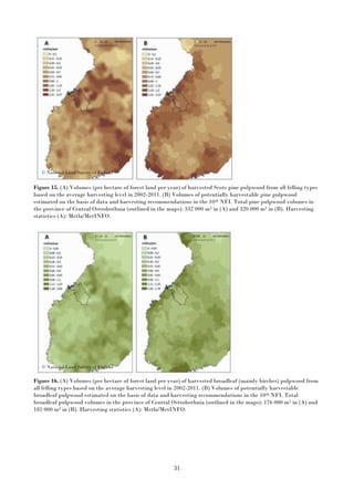 31
Figure 15. (A) Volumes (per hectare of forest land per year) of harvested Scots pine pulpwood from all felling types
based on the average harvesting level in 2002-2011. (B) Volumes of potentially harvestable pine pulpwood
estimated on the basis of data and harvesting recommendations in the 10th NFI. Total pine pulpwood volumes in
the province of Central Ostrobothnia (outlined in the maps): 332 000 m3 in (A) and 320 000 m3 in (B). Harvesting
statistics (A): Metla/MetINFO.
Figure 16. (A) Volumes (per hectare of forest land per year) of harvested broadleaf (mainly birches) pulpwood from
all felling types based on the average harvesting level in 2002-2011. (B) Volumes of potentially harvestable
broadleaf pulpwood estimated on the basis of data and harvesting recommendations in the 10th NFI. Total
broadleaf pulpwood volumes in the province of Central Ostrobothnia (outlined in the maps): 176 000 m3 in (A) and
181 000 m3 in (B). Harvesting statistics (A): Metla/MetINFO.
© National Land Survey of Finland
© National Land Survey of Finland
 