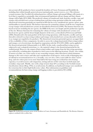 34
into account all the productive forest around the localities of Umeå, Storuman and Örnsköldsvik,
including that within formally protected areas (national parks, nature reserves, etc.). The reference
scenario assumes that Swedish silvicultural practices will not change and annual fellings will remain at a
level that is regarded as sustainable, that environmental legislation will not change and that climate
change will be light (SFA 2008). The predicted volumes of roundwood, bark, branches, needles, tops and
stumps with attached root systems resulting from each harvesting operation within the study period
(theoretical extraction potentials) are reported in OD t/ha for every considered tree species: spruce, pine
and broadleaves (mostly birch). The biomass functions for estimating volumes of all the tree components
except stumps with attached root systems are described in Pettersson (1999). The biomass functions are
based on factors including the tree species, the DBH of the trees, tree height and the production capacity
of the site. Biomass functions for estimating the volume of stumps with attached root systems were
based on tree species and the breast height diameter of the trees, as described in Pettersson and Ståhl
(2006). Roundwood is the main product of the harvesting operations, while branches, needles and tops
(hereafter referred to as harvesting residues) and stumps with attached root systems (hereafter referred
to as stumps) are regarded as by-products. The theoretical extraction potential expresses an upper limit
of the availability of these components. In order to assess the ecological potential of harvesting residues
and stumps a set of restrictions, developed in cooperation with the SFA (SFA 2008), can be applied to
the theoretical potential (Athanassiadis et al. 2009). In this study, roundwood harvesting was not
subjected to any ecological restrictions, i.e., the reported volume is the theoretical potential for the
studied period. However, the output of harvesting residues and stumps from the harvesting operations
was reduced by excluding plots in productive forest areas in the following locations. Firstly, sites within
25 meters of a lake, sea, water course or any ownership category other than forest (which minimizes
damage to the water courses and takes into consideration social aspects, such as risks of damaging sites
of cultural or recreational interest etc.). Secondly, very wet sites, with a water table less than 1 meter
deep, and sites where peat covers more than half of the harvesting area (which have low bearing
capacity), to avoid excessive soil compaction, rutting and rises of the water layer in both main and
secondary strip roads. Thirdly, sites with a slope of more than 50% according to the Swedish terrain
classification scheme (Berg, 1992), to avoid erosion. In addition, no hardwood stumps were considered
for extraction due to their high biodiversity values. More information on guidelines and
recommendations for harvesting stumps and logging residues is provided in SFA (2008).
Figure 19. Studied procurement areas of the facilities in Umeå, Storuman and Örnsköldsvik. The Botnia-Atlantica
region is outlined with a yellow line.
 