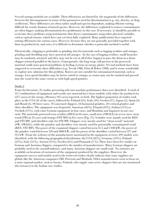 48
Several sorting methods are available. Their efficiencies are limited by the magnitude of the differences
between the biocomponents in terms of the parameters used for discrimination (e.g. size, density, or drag
coefficient). These differences are often rather small and species-dependent, making efficient sorting
difficult for woody biomass of mixed species. However, the differences exploited to remove contaminants
are often bigger, making discrimination less problematic in this case. If necessary, it should be possible to
overcome these problems using instruments that detect contaminants using other physical variables,
such as optical sensors, which have not yet been fully exploited. Many publications have reported
sorting efficiencies for various cases. However, because they are not generally provided together with
data on productivity and costs, it is difficult to determine whether a particular method is useful.
Theoretically, chipping is preferable to grinding, but for materials such as logging residues and stumps,
grinding and shredding may have practical advantages. In the case of logging residues, small branches
may be randomly oriented, and they may not be cut at all if they happen to pass the drum in a drum
chipper oriented parallel to the knives. Consequently, the long twigs still present in the processed
material could cause practical problems in feeding systems at energy plants. Several methods have been
suggested to overcome these difficulties (e.g. Novak 1986, Firus & Belter 1998), and it seems worthwhile
to explore new solutions for this problem. Knives are not suitable for contaminated material, such as
stumps. Low-speed shredders may be better suited to stumps, as stones may not be crushed and pressed
into the wood to the same extent as with high-speed grinders.
Study 2
From the literature, 25 studies presenting relevant machine performance data were identified. A total of
117 combinations of equipment and woody raw material have been studied, with either the productivity
(117 cases) or the energy efficiency (95 cases) reported, or both. The highest proportion of studies took
place in the USA (41 of the cases), followed by Finland (31), Italy (19), Sweden (17), Japan (5), Spain (3)
and Brazil (1). Of these cases, 70 concerned chippers, 24 horizontal grinders, 20 vertical grinders and
three shredders. The equipment was frequently American (46%), Finnish (24%), Italian (15%) or
Swedish (11%), with some German equipment in four cases, and Brazilian and Japanese in one case
each. The materials processed were residues (RES) in 64 cases, small trees (SMALL) in seven cases, stem
wood (SW) in 23 cases and stumps (STUMP) in five cases (Fig. 27). Grinders were mainly used for RES
and STUMP, and shredders only for STUMP. Chippers were mostly used for “clean-wood” material
(SW, SMALL), while the grinders and shredders were mostly used for potentially contaminated wood
(RES, STUMP). The power of the examined chippers varied between 51.5 and 1 030 kW, the power of
the grinders varied between 120 and 5800 kW, and the power of the shredders varied between 257 and
315 kW. From the websites of the manufacturers mentioned in the equipment reviews, 691 models were
identified, with the following geographical distribution: the USA (26%), Germany (25%), Finland
(12%), Italy (11%), Austria (11%), Sweden (6%) and Denmark (5 %). There have been few studies on
German and Austrian chippers, compared to the number of manufacturers. Many German chippers are
probably used in the sawmill industry, and many Austrian chippers are small-scale. No statistics are
available on locations of customers of the equipment produced by the suppliers. However, the
equipment surveys and models used in the retrieved studies clearly indicate that some suppliers are
global, like the American companies CBI, Peterson and Morbark. Other manufacturers seem to focus on
a more regional market, such as Sasmo, Finland, who supply cone-screw chippers that are not mentioned
(for instance) in the Italian case studies.
 