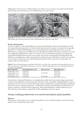 53
folding ruler to the nearest cm. Measurements were taken on two occasions: six months and 18 months
after the harvests (in the harvest year and following year, respectively).
Figure 29. To the left a net for estimating the ground disturbance placed over a hole from the stump rake. To the
right folding roles used to measure the a hole and disturbed area after the stump drill.
Results and Conclusions
A shown in Table 13, substantial differences in the ground disturbance (but not hole depths) caused by
the stump drill and stump rake were found on both measurement occasions. On average the stump rake
disturbed ca. 10-fold and 8-fold larger areas of ground than the stump drill in the harvest year and
following year, respectively. In addition, the area disturbed and depth of the holes created by the stump
rake significantly differed between the two occasions. The size and depth of the holes created by the
stump drill also differed between the two occasions, but not the area of ground it had disturbed. This
difference is probably due to effects of ground frost and frost heaving. The holes created by the machines
were less deep, and both the area of disturbed ground and the holes created by the stump rake were
smaller in the year after harvest.
Table 13. Area of disturbed ground and depth of the holes created by the stump rake and stump drill, and sizes of
holes created by the stump drill, in the harvest year (year 1) and the following year (year 2). Standard deviations
are shown in parenthesis.
Harvesting head Ground disturbance (m2) Hole size (m2) Hole depth (cm)
Stump rake, year 1 9.04 (4.01) - 36.4 (7.57)
Stump drill, year 1 0.90 (0.17) 0.31 (0.03) 39.3 (7.09)
Stump rake, year 2 7.60 (2.62) - 29.3 (5.54)
Stump drill, year 2 0.93 (0.20) 0.27 (0.04) 31.9 (6.0)
In conclusion, the ground disturbance was significantly smaller when harvesting stumps on peat land
with the stump drill than with the stump rake. Therefore, only stump drills should probably be used on
peatlands to avoid excessive reduction in bearing capacity. Reductions in ground disturbance should also
reduce increases in competing vegetation as well as risks of both erosion (and hence possible releases of
nutrients and heavy metals) and soil compaction. The ground disturbance could be reduced by up to
90% if the harvested volume is reduced by 47-68%, depending on the tree species.
Stump crushing productivity at terminal and analysis of fuel qualities
Objectives
The objective of this study was to evaluate the productivity of a terminal crushing system and the fuel
quality when comminuting stump wood.
 