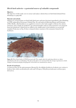 78
Birch bark suberin – a potential source of valuable compounds
Objectives
The objectives of this study were to extract and analyse suberin from wet birch bark obtained from
debarking at a pulp mill.
Materials and methods
Suberin was extracted from wet birch bark (both inner and outer fractions) immediately after debarking
in UPM’s pulp mill at Pietarsaari, Finland (Fig. 49), and analysed following Ekman and Eckerman
(1985). Briefly, alkali hydrolysis was applied to extractives-free bark samples to liberate the suberin
monomers, then samples for qualitative gas chromatographic analysis of the monomers were prepared
from the hydrolyzate. Cholesterol was added to the samples prior to the hydrolysis as an internal
standard. Peak areas in Fig. 50 show estimated relative amounts of the monomers formed in the
hydrolysis.
Figure 49. Pile of birch bark at UPM Pietarsaari mill. The sample taken for analysing suberin was taken
immediately after the wet debarking. The pile in this photo was constructed for the storage experiment in which
changes in chemical and physical properties of the bark were monitored (see above).
Results & Conclusions
As shown in Fig. 50, the main monomers liberated by the alkaline hydrolysis of suberin were various ω-
hydroxy fatty acids, α,ω-dicarboxylic acids and 9,10-epoxy-18-hydroxyoctadecanoic acid (an epoxy
derivative).
 
