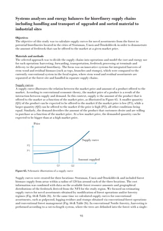 93
Systems analyses and energy balances for biorefinery supply chains
including handling and transport of upgraded and sorted material to
industrial sites
Objectives
The objective of this study was to calculate supply curves for novel assortments from the forest to
potential biorefineries located in the cities of Storuman, Umeå and Örnsköldsvik in order to demonstrate
the amount of feedstock that can be offered to the market at a given market price.
Materials and methods
The selected approach was to divide the supply chains into operations and model the cost and energy use
for each operation: harvesting, forwarding, transportation, feedstock processing at terminals and
delivery to the potential biorefinery. The focus was on innovative systems for integrated harvests of
stem wood and residual biomass (such as tops, branches and stumps), which were compared to the
currently conventional system in the focal region, where stem wood and residual assortments are
separated at the forest site and handled in separate supply chains.
Supply curves
A supply curve illustrates the relation between the market price and amount of a product offered to the
market. According to conventional economic theory, the market price of a product is a result of the
interaction between supply and demand. In this context, supply is the amount of the product that is
offered to the market as a function of the market price, as illustrated in Figure 65. A smaller quantity
(Q1) of the product can be expected to be offered to the market if the market price is low (P1), while a
larger quantity (Q2) can be offered to the market if the price is high (P2), all other conditions being
equal. Similarly, the demand describes the amount of the product that customers desire and are willing
to purchase as a function of the market price. At a low market price, the demanded quantity can be
expected to be bigger than at a high market price.
Figure 65. Schematic illustration of a supply curve
Supply curves were created for three locations: Storuman, Umeå and Örnsköldsvik and included forest
biomass supply from areas within a radius of 120 km around each of the three locations. The cost
information was combined with data on the available forest resource amounts and geographical
distributions of the feedstock derived from the NFI for the study region. We focused on estimating
supply curves for novel assortments obtained by modification of forest operations and/or forestry
regimes (Fig. 66 & Table 26). At the same time we calculated supply curves for conventional
assortments, such as pulpwood, logging residues and stumps obtained via conventional forest operations
and conventional forest management (Fig. 66 & Table 26). In conventional Nordic forestry, harvesting is
performed according to a cut-to-length system, where the trees are delimbed into the forest with a single-
Price
Amount supplied
Supply curve
 