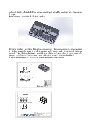 modificato è stato, a detta dell’ufficio tecnico, un aiuto notevole ed ha portato un notevole risparmio
di tempo.
Sotto è riportata l’immagine dell layout completo.
Dopo aver constato e verificato il corretto posizionamento e dimensionamento di ogni componente
si è in fine passati alla messa in tavola e quotature delle singole parti e degli insiemi in disegno
costruttivi 2D e 3D di modo da poter semplificare e velocizzare le operazioni di messa in opera del
progetto. Per effettuare tale operazione è stato utilizzata la modalità drawing di solidworks.
In seguito vengono riportati gli elaborati grafici consegnati al capo cantiere.
 