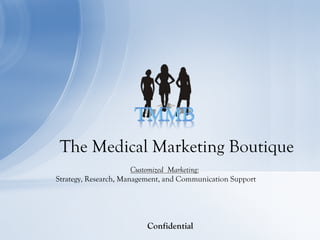 Customized Marketing:
Strategy, Research, Management, and Communication Support
The Medical Marketing Boutique
Confidential
 