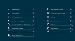 As etapas do estudo O jovem brasileiro quer empreender!
Jovens conectados Empreendedorismo - Dados da pesquisa
O mundo na palma da mão PerguntAção
Comportamento - Dados da pesquisa Especialistas entrevistados
Uma pedagogia de bits para a juventude conectada Referências
Educação - Dados da pesquisa Anexo - Questionário
Ativismo e participação social dos jovens conectados Anexo - Critério de conexão
Ativismo - Dados da pesquisa
9 149
13 173
40 189
51 217
87 221
99 225
119 245
131
1 9
2 10
3 11
4 12
5 13
6 14
7 15
8
 