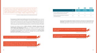 6564
“A gente vê que a maior preocupação dos pais é essa de ‘não entre
em contato com estranhos’, ‘não adicione estranhos’, mas curiosa-
mente, quando a gente conversa com os jovens, o incômodo maior
não é com estranhos, é com colegas, amigos, amigos dos amigos.”
	 Inês Vitorino, socióloga, professora da Universidade Federal do Ceará
A preocupação em relação aos pais também parece não ser mais tão relevante. Embora continuem
a conviver e interagir, em suas conexões e postagens, com parentes de diversas gerações (avós, tios,
primos, mãe e pai, irmãos mais novos e mais velhos), os jovens da segunda edição do estudo não men-
cionaram entre suas apreensões relacionadas à exposição pública as aflições apontadas na edição rea-
lizada em 2013 – que iam da publicação de fotos de infância a comentários que dessem margem para a
ridicularização pelos amigos, passando pelo desejo de preservar os pais de certas opiniões ou atividades.
Em parte, essa mudança se deve à relativa autonomia e liberdade proporcionadas pela
individualização dos dispositivos de acesso: com o crescimento dos smartphones e notebooks
próprios, poucos ainda compartilham computadores com a família. Se, em 2013, uma das formas
mais frequentemente apontadas para burlar a fiscalização e o controle dos pais era apagar o histórico
de navegação do browser utilizado, em 2015 esse papel é desempenhado por um uso mais seletivo
das diferentes mídias digitais. Em geral, as polêmicas e ‘molecagens’ ficam reservadas aos grupos de
WhatsApp, aos quais só têm acesso as pessoas autorizadas.
(Recife, 16-19 anos, classes A e B)
(Curitiba, 20-24 anos, classes C e D)
“Ainternetàsvezesteexpõedemais.Gostodeescreverecostumopos-
tar minhas histórias em um site. Mas outro dia encontrei um blog onde
umapessoaseidentificavacomosendoaautoradasminhashistórias.” 
“Se expor muito no Facebook hoje em dia dá medo.”
Outra forma de se proteger desses ataques é, justamente, a de assumir um comportamento mais
observador, compartilhando menos conteúdo de autoria própria, limitando-se praticamente à repro-
dução de postagens alheias. A preocupação em não se expor para evitar atritos parece cada vez maior.
(Curitiba, 20-24 anos, classes C e D)
(Recife, 16 -19 anos, classes A e B)
“A pior coisa que tem é você expor sua opinião na internet e alguém
não aceitar.”
“Não costumo compartilhar muito as minhas opiniões. Sempre sur-
gem divergências.”
7,2 6,0
6,5 7,3
7,5 7,7
7,77,0
Devo ter cuidado ao expressar minhas opiniões
na internet, pois posso não ser bem visto
A internet estimula a produção de conteúdos de
minha própria autoria
Explorador
iniciante
Explorador
avançado
Explorador
intermediário
2015
 